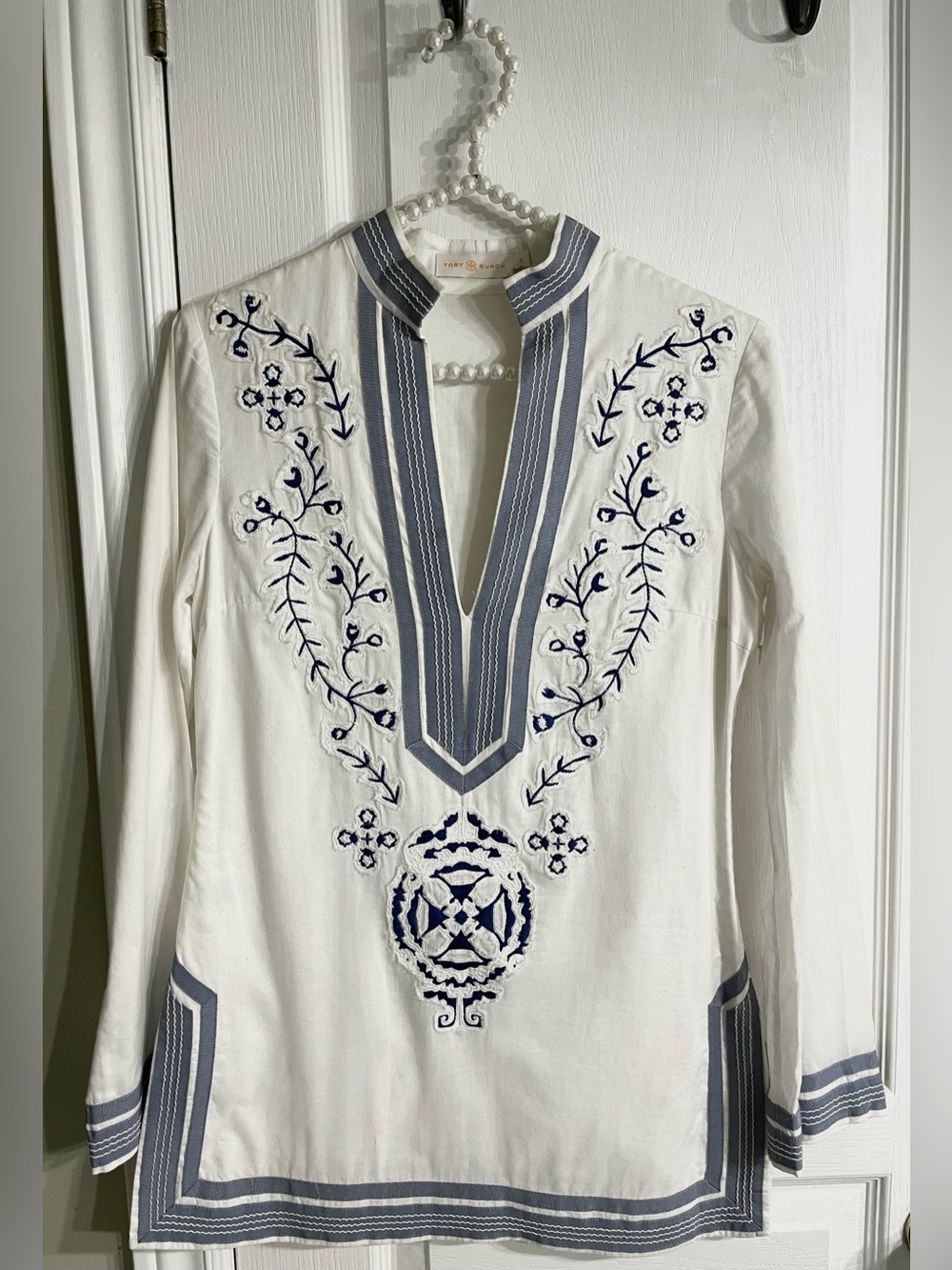 Tory Burch White Tunic with Navy Embroidery